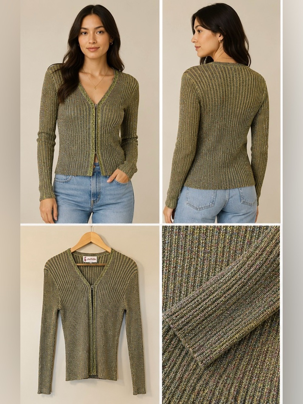 Jin Zhu Yan Metallic Knit Zip Cardigan Women’s XS Green